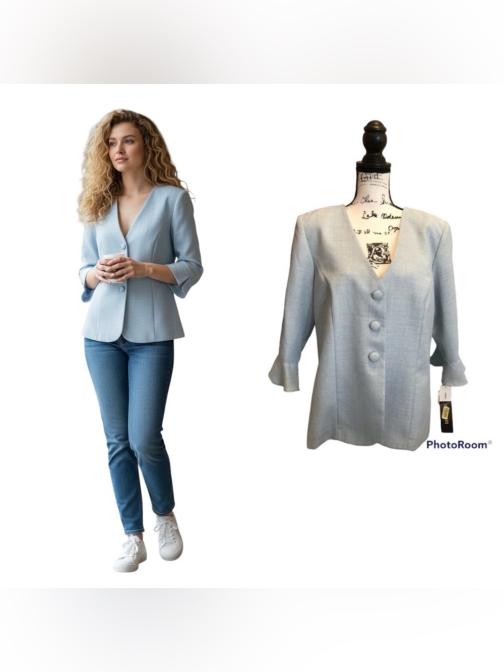Leslie Fay Blouse Shirt Jacket Blazer Blue Size 16P Bell Sleeve formal office